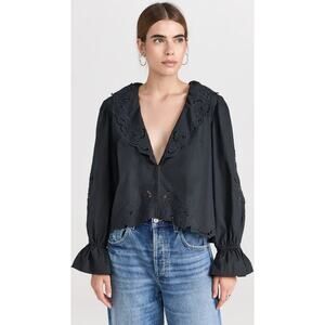 NWT Free People Maisie Cutwork Black Floral Embroidered Long Sleeve Blouse Small
